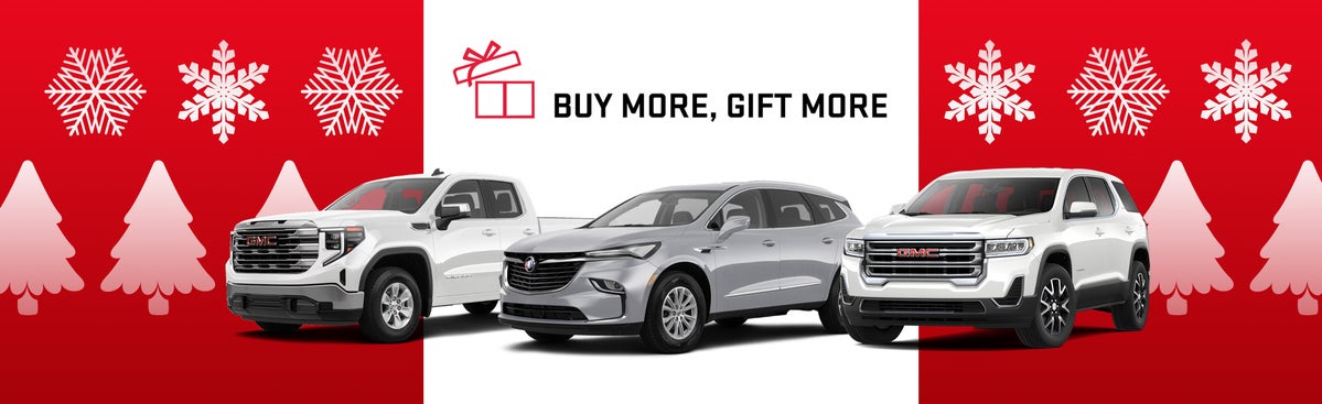 GM Holiday Sales Event banner featuring Buick and GMC lineup on a winter holiday background pattern